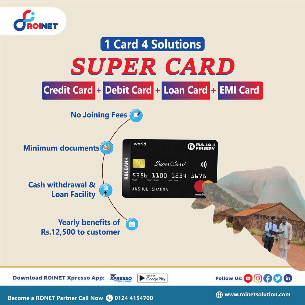 ROINET introduces Bajaj Finserv Super Card, the ultimate companion. You will get facilities of Credit Cards, Debit Cards, Loan Cards, & EMI Cards in one card. Contact +91-124-4154700 or contact@roinet.in 
#ROINet #roinetsolution #digitalbanking #ruralbanking #RBLcard #digitalcard