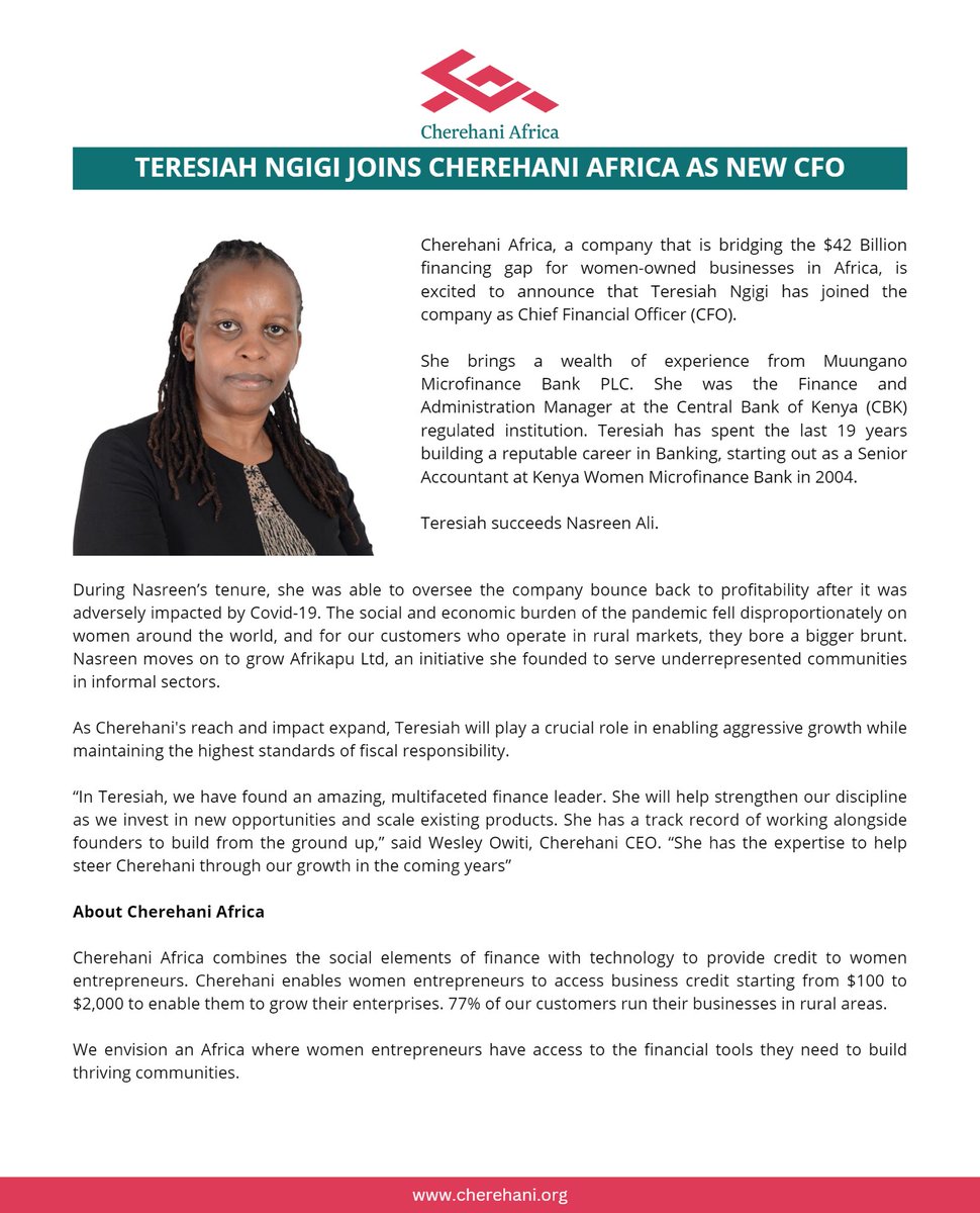 Teresiah Ngigi CPA, is our new Chief Financial Officer