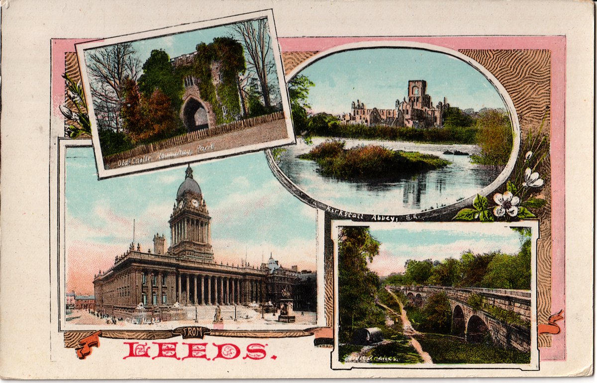 Nice to have a splash of colour in the albums! (Most of my collection are black and white or sepia.) Multiview by W. T. Gaines of Leeds (and later Leeds/London.) Twin brothers Walter and Tom Gaines were born in 1870 and lived on Burley Road producing postcards c.1903-1913.