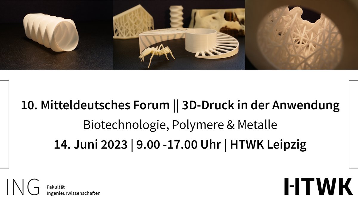 Am 14. Juni 2023 ist die HTWK Leipzig Tagungsort des 10. Mitteldeutschen Forum || 3D Druck in der Anwendung zu „Biotechnologie, Polymere &amp; Metalle“. Das Programm ist nun online und die Anmeldung geöffnet: fing.htwk-leipzig.de/3d-druck-forum #3Dprinting #3Ddruck