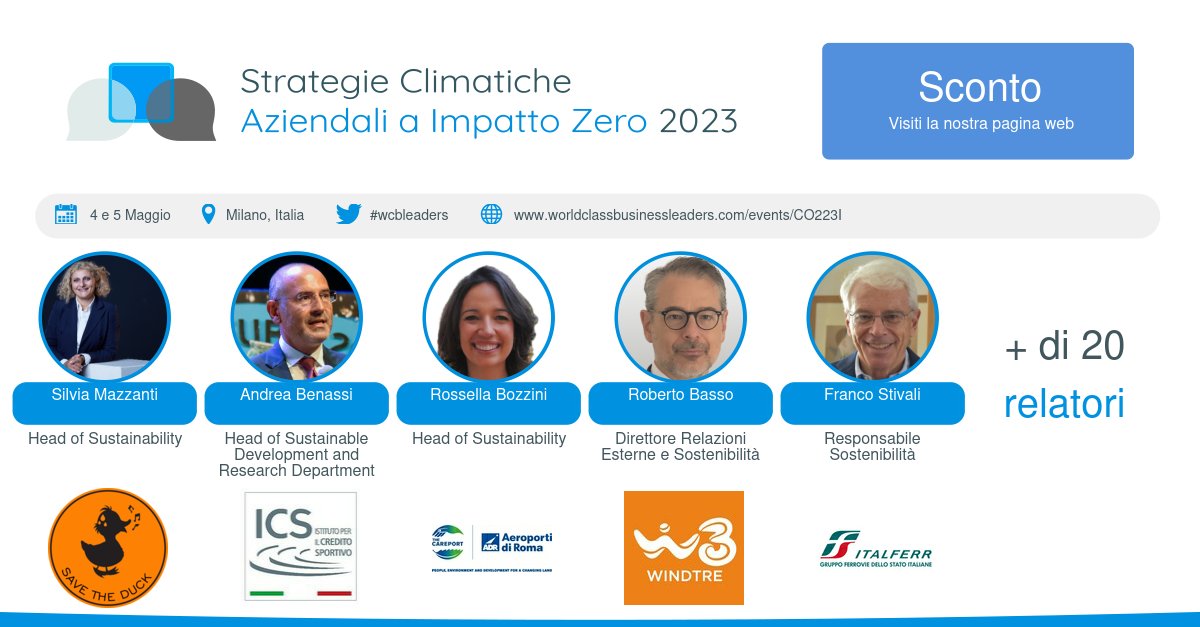 World Class Business Leaders (@wcbleaders) on Twitter photo Non vediamo l'ora di accogliere grandi relatori alla conferenza: Strategie Climatiche Aziendali a Impatto Zero 2023 (rb.gy/epnqqw). Si unisca a noi il 4 e 5 maggio a Milano.
<a href="/robertobasso/">Roberto Basso</a> <a href="/francostivali/">Franco Stivali</a> <a href="/SimoneTargetti/">Simone Targetti Ferri</a> Non vediamo l'ora di accogliere grandi relatori alla conferenza: Strategie Climatiche Aziendali a Impatto Zero 2023 (rb.gy/epnqqw). Si unisca a noi il 4 e 5 maggio a Milano.
<a href="/robertobasso/">Roberto Basso</a> <a href="/francostivali/">Franco Stivali</a> <a href="/SimoneTargetti/">Simone Targetti Ferri</a>