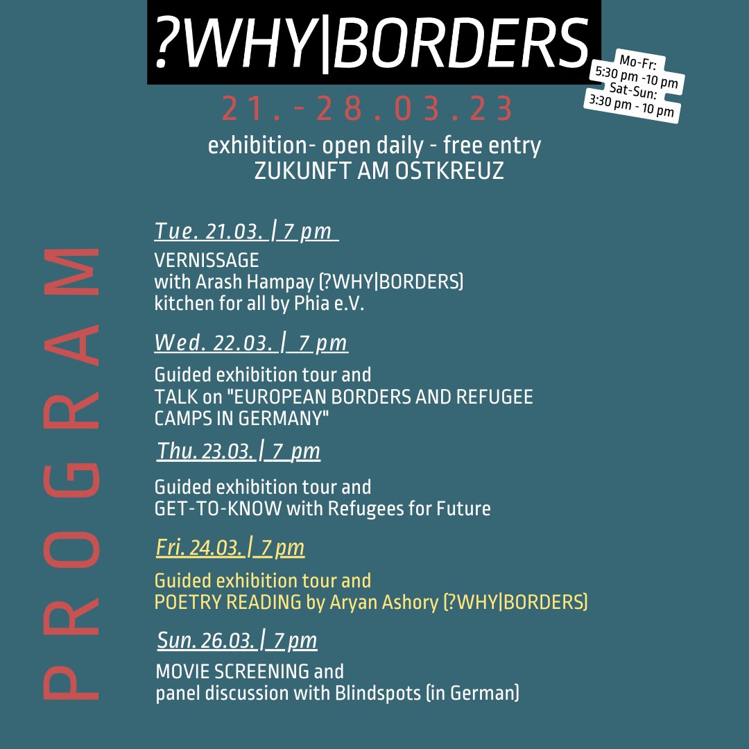 ÜberGrenzen Kollektiv (@uebergrenzen) on Twitter photo And it´s the last chance to meet the Iranian activist, photographer and founder of - amongst many other initiatives- <a href="/RefugeesFuture/">Refugees for future</a> and <a href="/whyborders/">whyborders</a>🙌🏽
7 pm, @ZukunftOstkreuz
Come by and share the event ✨
#artasprotest #leavenoonebehind #climatejusticenow #refugeeswelcome And it´s the last chance to meet the Iranian activist, photographer and founder of - amongst many other initiatives- <a href="/RefugeesFuture/">Refugees for future</a> and <a href="/whyborders/">whyborders</a>🙌🏽
7 pm, @ZukunftOstkreuz
Come by and share the event ✨
#artasprotest #leavenoonebehind #climatejusticenow #refugeeswelcome