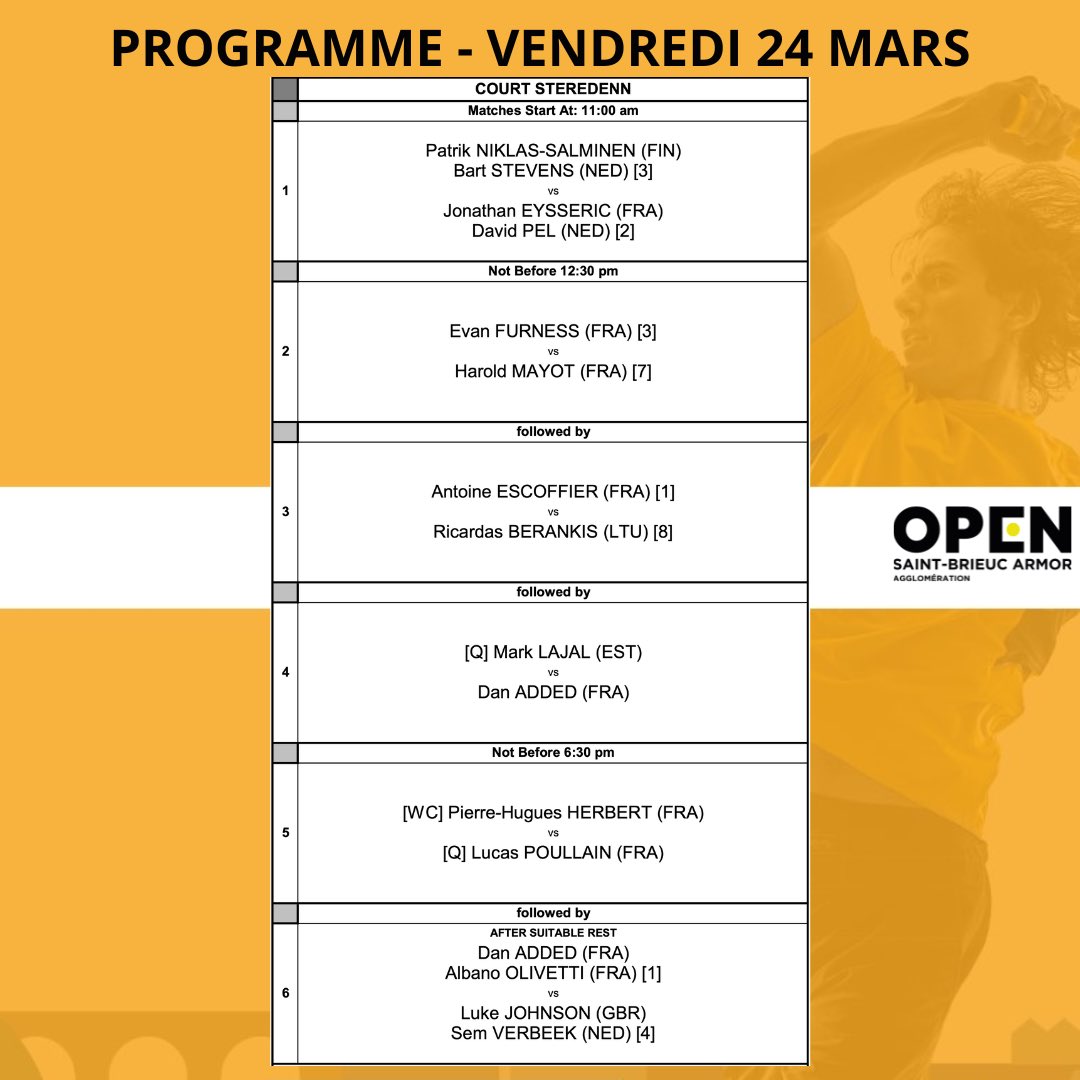 𝗣𝗥𝗢𝗚’ 𝗗𝗨 𝗩𝗘𝗡𝗗𝗥𝗘𝗗𝗜 𝟮𝟰 𝗠𝗔𝗥𝗦
 🎾.
🔜 Place aux quarts de finale du simple et aux demi-finales du double❗️
👉 Infos et billetterie sur opensaintbrieuc.bzh

#opensaintbrieuc