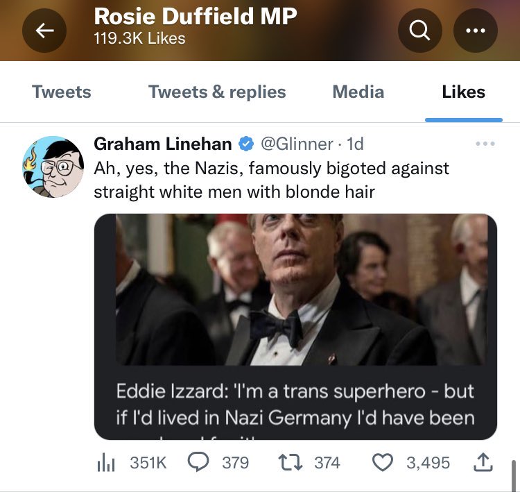 This is Rosie Duffield, a Labour MP, liking a tweet that contains Holocaust revisionism. Trans people and gay people were sent to die in concentration camps by the Nazis. 

This is a historical fact, and it is disgusting that a sitting Labour MP would approve of its denial.