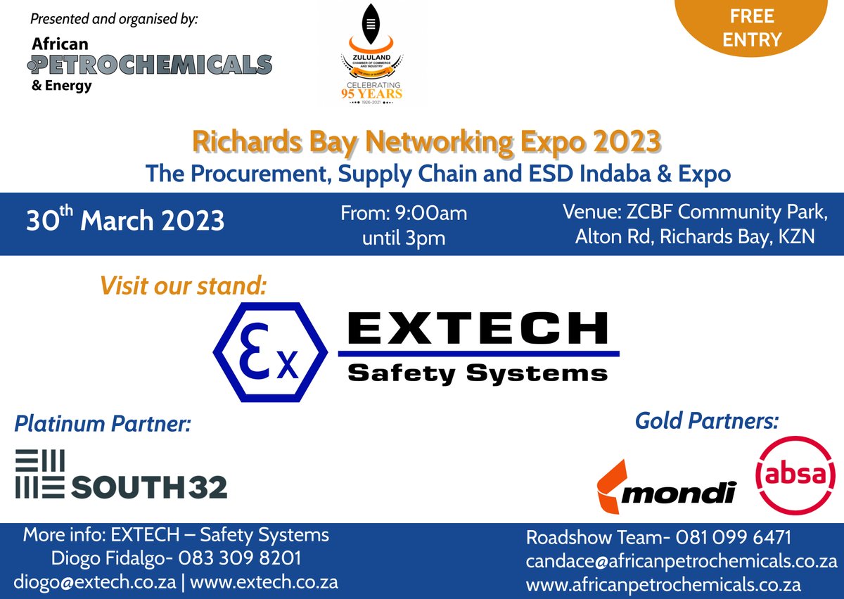 Join Extech Safety Systems Pty Ltd at the upcoming Richards Bay Networking Expo.  
More info 🔗 extech.co.za 
#MTL #eatonprocessautomationinharshandhazardousarea #eaton #isolators #intrinsicsafety #hazardousareas #temparturemonitoring #ATEX #IECEx #engineering