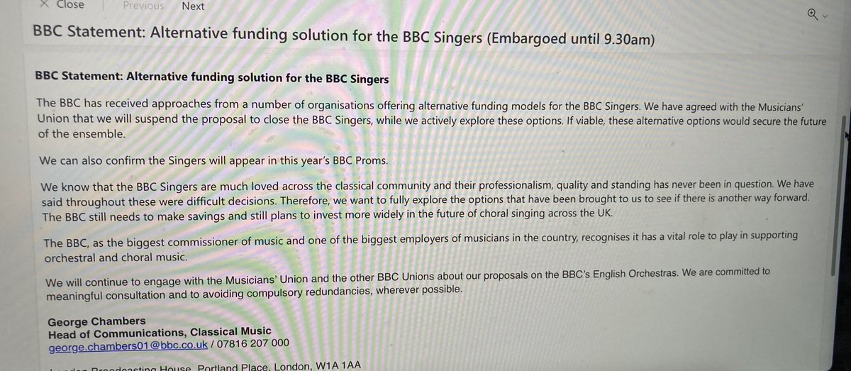 Press release has just landed re the future of the BBC Singers: