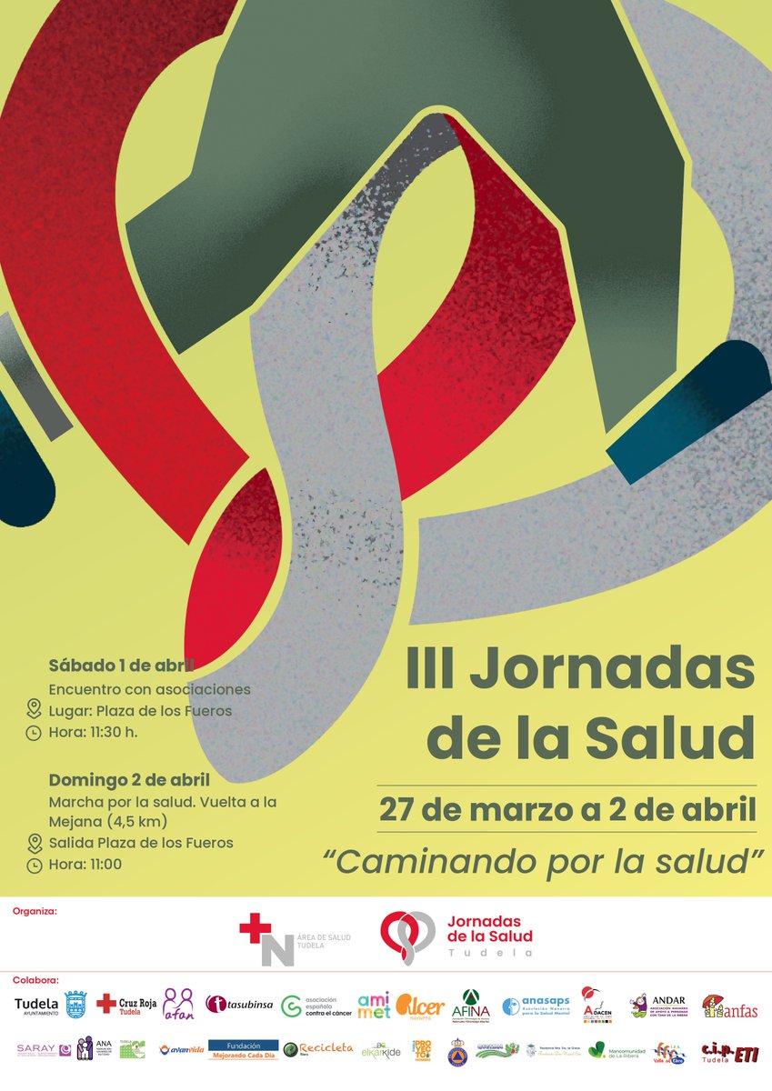 III JORNADAS DE LA SALUD #AreaSaludTudela  
Celebración Día Mundial Salud (7 de abril)
Sábado 1 de abril encuentro con asociaciones de salud en Plaza de los Fueros #Tudela 11´30 h
Domingo 2 de abril marcha por la salud a pie y en bicicleta. Reparto camisetas y almuerzo saludable
