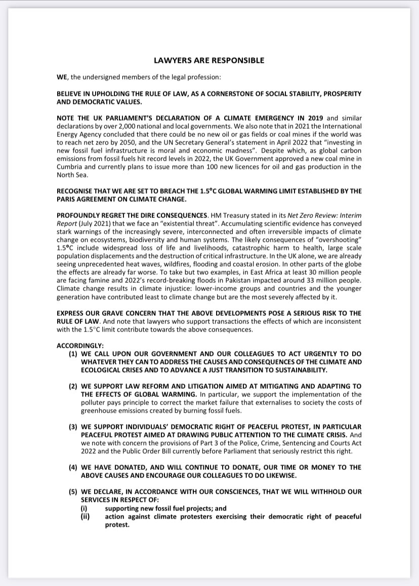 Proud to join over 100 other lawyers in signing a declaration of conscience withholding our services from supporting new fossil fuel projects &amp; prosecuting peaceful climate protesters. In the week that the IPCC issued its ‘final warning to humanity’, lawyers must act responsibly