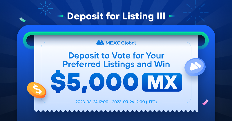 MEXC's tweet photo. 🗳️Launching the "Deposit for Listing" campaign - Vote for your favorite project to win $5,000 worth of $MX!

⏰Observation period: 12:00 Mar 24 - 12:00 Mar 26 (UTC)

Details: https://t.co/vIKnh20ct5

#MEXCGlobal