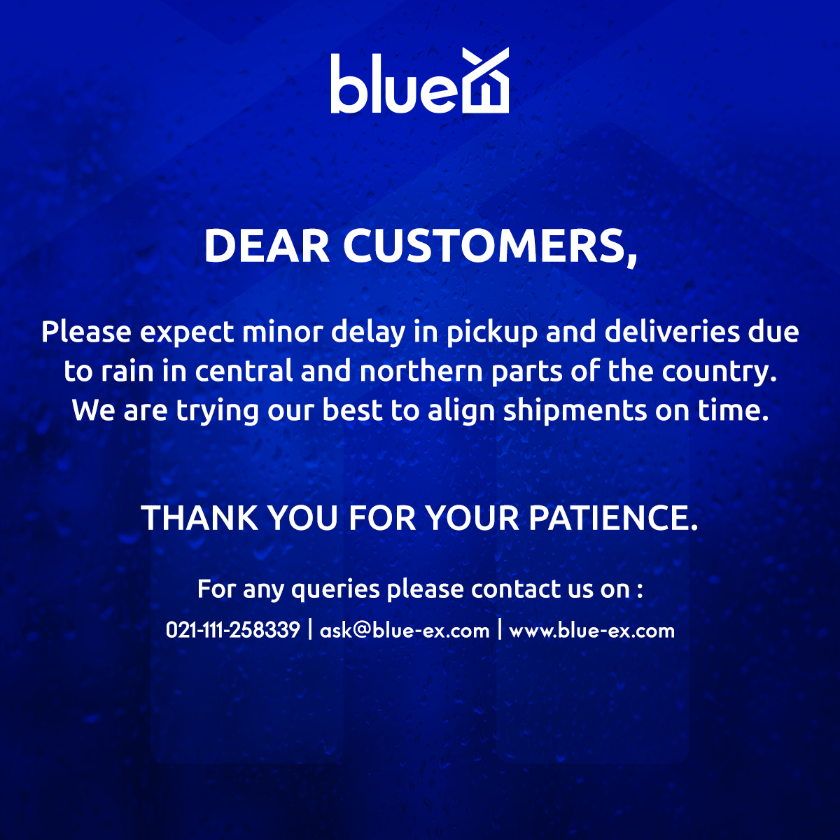 BlueEXofficial's tweet photo. Thank you for your patience.
For any queries please contact us on :
021-111-258339 | ask@blue-ex.com | https://t.co/T2HzaFWEvW
#blueEx #services #corelogistics #brandoftheyear2021 #achievement #vision #shipwithus #logistics #courier #delivery #deliveryservice #ecommerce https://t.co/VCcGYOpCLm