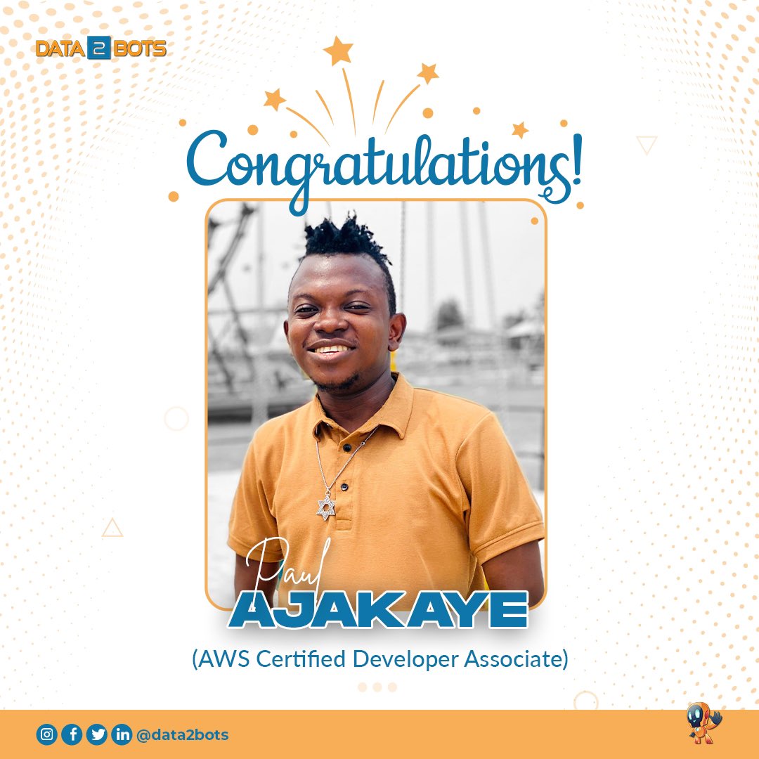data2bots's tweet photo. We're thrilled to announce that Paul, one of our talented team members, has just passed his AWS Developer Associate exam! ๐๐
Get started here https://t.co/OWNO1gGT8l and begin your journey to becoming a Data Professional!
.
#awscertifieddeveloperassociate #dataengineering https://t.co/Duqp2GucpF