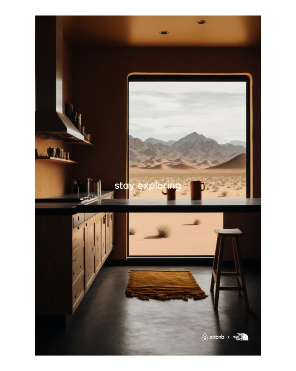 Airbnb x The North Face • เอาจริงไม่มีอะไรมากเลย งานภาพสุดคราฟท์ (ที่เดาได้ว่าน่าจะงานรีทัช ทาง AI ต่างๆ) แต่ที่ชอบมากคือ copy แม่งกินขาดมาก คือจับสองคำที่ความหมายคนละทางมาอยู่ด้วยกัน ‘stay exploring’ แล้วมันตีความได้สองความหมาย ทั้งแปลว่าอยู่ กับแปลว่า อย่าหยุด… ดีจัง ชอบมาก