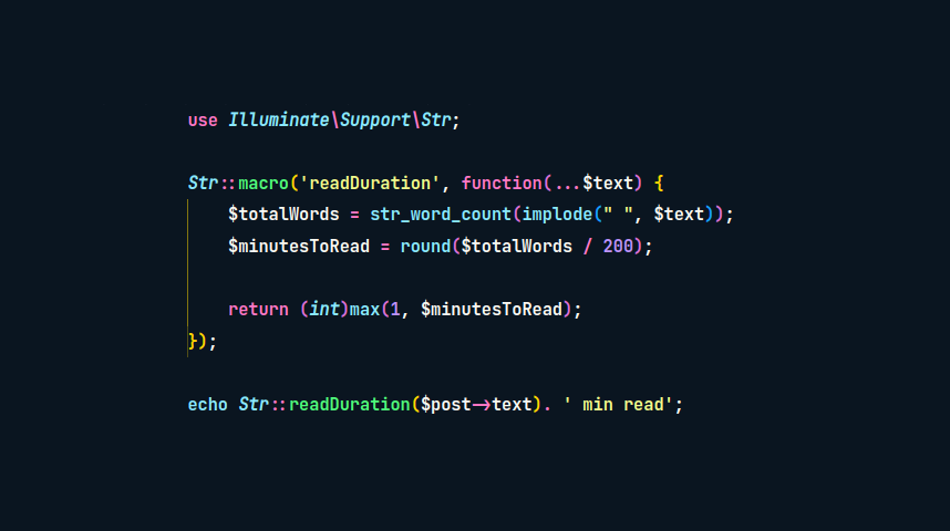 amit_merchant's tweet photo. A little Laravel macro to calculate the estimated reading time of a given text.

Read more: https://t.co/DvqdGlMsqb #Laravel https://t.co/vsxUkMETzT