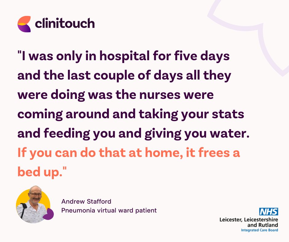 Clinitouch by Spirit Health (@clinitouch) on Twitter photo After spending 5 days in hospital, Andrew was discharged onto a #pneumonia #virtualward powered by Clinitouch.
He was remotely monitored by <a href="/SPINS_UHL/">Pneumonia Nursing Team (S.P.I.N)</a> who were able to spot any changes in his condition as soon as possible.
Read about Andrew's journey: bit.ly/3JViPR9 After spending 5 days in hospital, Andrew was discharged onto a #pneumonia #virtualward powered by Clinitouch.
He was remotely monitored by <a href="/SPINS_UHL/">Pneumonia Nursing Team (S.P.I.N)</a> who were able to spot any changes in his condition as soon as possible.
Read about Andrew's journey: bit.ly/3JViPR9