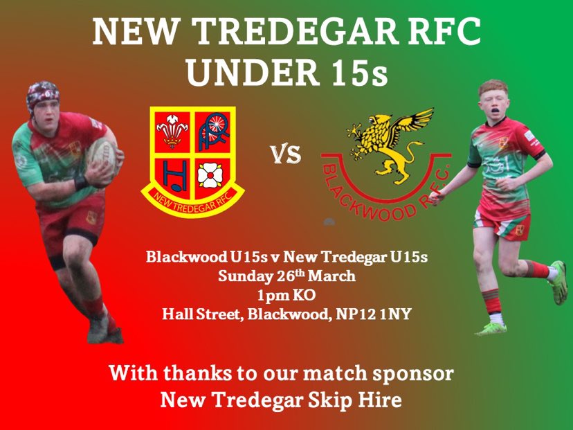 NewTredegarU16s's tweet photo. Looking forward to a local game at @BlackwoodRfcU15 on Sunday. Should be a cracker! https://t.co/RU0HeBW1xQ