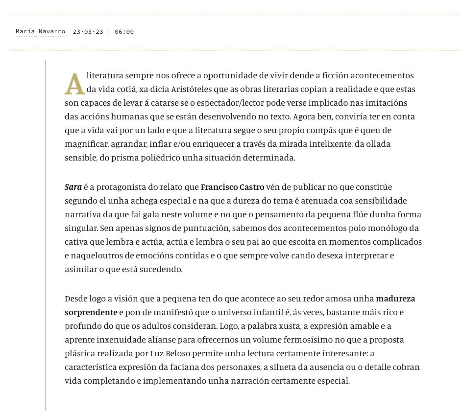 Editorial Galaxia (@EdGalaxia) on Twitter photo 2023-03-24 09:36:51 María Navarro: 'Sara é a protagonista do relato que @chamademesimbad vén de publicar no que constitúe segundo el unha achega especial e na que a dureza do tema é atenuada coa sensibilidade narrativa da que fai gala neste volume' #FarodaCultura @Farodevigo María Navarro: 'Sara é a protagonista do relato que @chamademesimbad vén de publicar no que constitúe segundo el unha achega especial e na que a dureza do tema é atenuada coa sensibilidade narrativa da que fai gala neste volume' #FarodaCultura @Farodevigo
