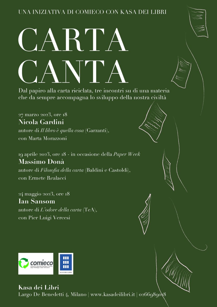 comieco's tweet image. L’inconfondibile #odore, la #superficie del #foglio, il #fruscio delle pagine, la #bellezza di copertina e della rilegatura. Solo un #libro di #carta può suscitare certe sensazioni.  Con @kasa_dei_libri da lunedì un ciclo di #incontri ad hoc.  👉comieco.org/carta-canta-2/