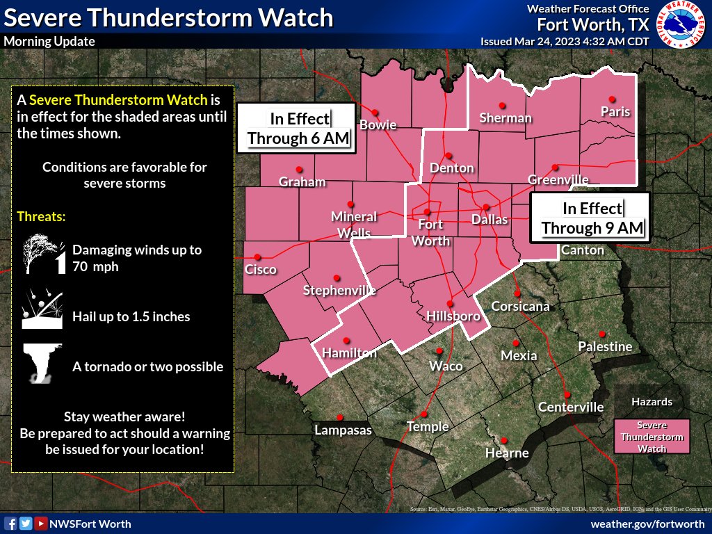 NWSFortWorth's tweet photo. 4:40 AM Update: A new Severe Thunderstorm Watch has been issued for portions of North and Central Texas, including the DFW Metroplex, until 9 AM this morning. The Watch issued earlier for areas west of the Metroplex remains in effect through 6 AM this morning. #dfwwx #ctxwx #txwx https://t.co/DBFis7gEn2