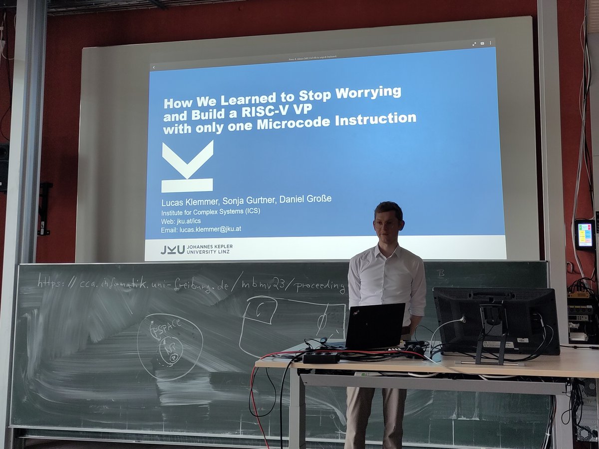 Daniel_Grosse's tweet image. Lucas presents &quot;How we learned to stop worrying and build a #RISCV VP with only one microcode instruction&quot; at #MBMV2023. @lcsklmmr

👉 ics.jku.at/files/2023MBMV…

#OISC #VP #SUBLEQ #ISS #formalverification