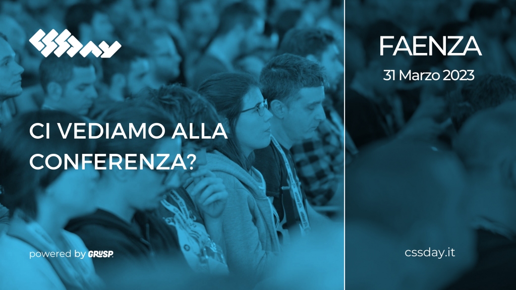 Manca una settimana al #cssday!
Sei ancora in tempo per prenotare il tuo posto
bit.ly/3E1HgtF

Ci vediamo a Faenza
🎫2023.cssday.it
