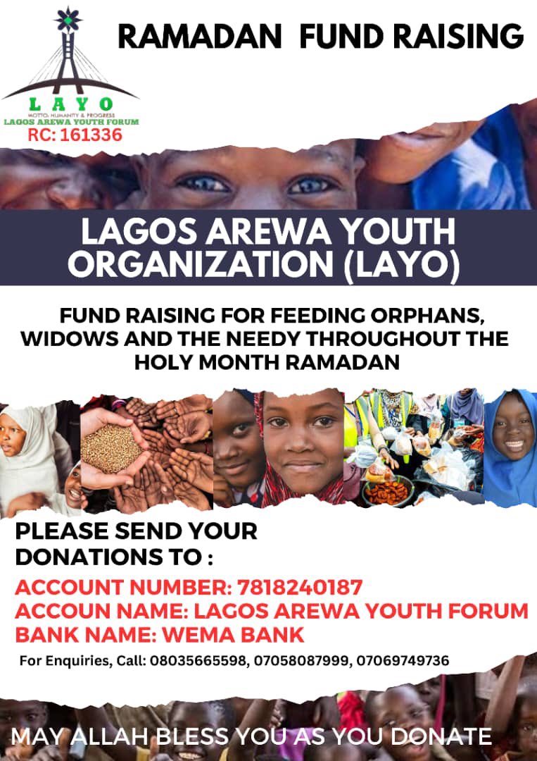 LagosArewaYouth's tweet photo. This is the 3rd edition of our annual Ramadan Outreach and this project is aimed at reaching out to the less privileged and needy in our society. Hence, we are humbly seeking for your support towards this year's Ramadan Feed-a-Soul Outreach. 
@whitenigerian @Realoilsheikh https://t.co/SMHI2qDcDf