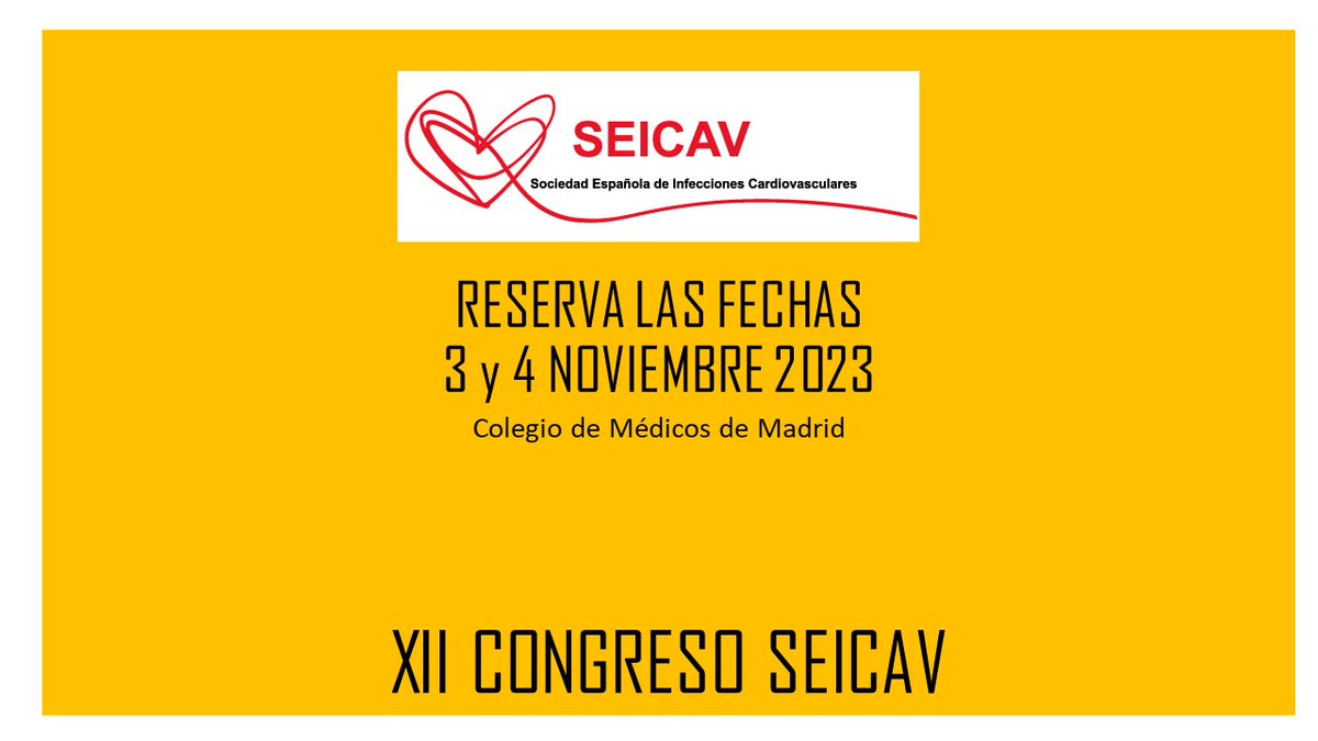 Fieles a nuestra cita anual: os anunciamos las fechas definitivas de nuestro XII Congreso SEICAV. Reservadlo y acompañadnos 3 y 4 de noviembre en el <a href="/Icomem_Oficial/">ICOMEM</a> en Madrid <a href="/ClinicIEteam/">Endocarditis Team Clinic</a> <a href="/CardiologiaHUVM/">Cardiología HUVM</a> <a href="/Mic_Inf_Maranon/">Microbiología e Infecciosas Gregorio Marañón</a> <a href="/InfMicHUVR/">Enf Infecciosas Microbiología y Parasitología HUVR</a> <a href="/CardiacMaranon/">Cardiac Surgery Gregorio Marañon Hospital</a> <a href="/SECTCV/">SECCE</a> novedades en breve