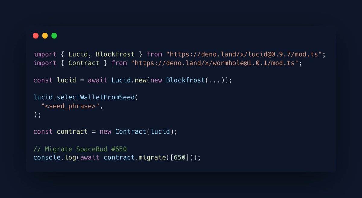 spacebudznft's tweet photo. Building on Cardano used to be hard until we decided to make a change. The following code snippet shows how to send a SpaceBud through the wormhole just with a few lines of JavaScript/TypeScript.

Simply providing an experience on our website and expecting people to follow it blindly isn't enough for us. Building trust and fostering reliance requires much more effort and attention.

We decided to put our dApps into self-contained packages that can be run independently and anywhere, without any reliance on our website or services. All we do with the website is provide convenience to our community that is in principle optional to use. Everything could fall apart and you still have a way to access everything. This is what matters most to us. Put the user and community first and give them the tools necessary to verify and control everything. 

But we didn't stop there, it was also important that the developer experience is seamless. Just open sourcing code is not always helpful. Setting up, building and trying out the source should be as easy as possible.
This is why we created the Lucid framework, which allows us to do exactly this. It has significantly simplified not only our lives, but also the lives of countless other developers.

Looking at SpaceBudz from the surface may seem boring right now, but with just a bit of digging you will discover a whole new world.

We are trying to deliver on the promises of blockchain and Cardano. We are here to change the game.

https://t.co/EUv6w6aJhN