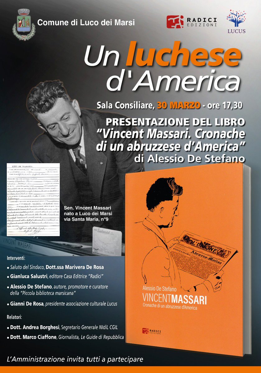 Ciaffone's tweet photo. Un luchese d’America: il 30 marzo presentiamo a #LucoDeiMarsi questo bellissimo libro di Alessio De Stefano (@radiciedizioni) sulla incredibile vita di #VincentMassari https://t.co/jIlSwDe1oj