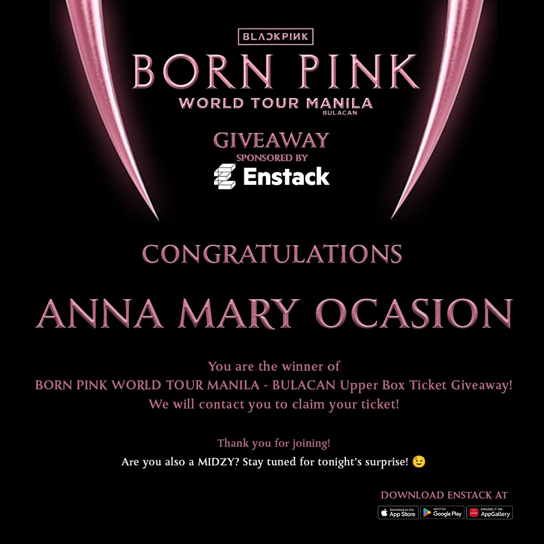 ynavillangca's tweet photo. CONGRATULATIONS ON OUR BORN PINK WORLD TOUR MANILA - BULACAN GIVEAWAY, Anna Mary Ocasion!
Message me to claim your ticket!
#BornPinkWorldTour #BlackPink #Jennie #Lisa #Jisoo #Rose #Blink #EnstackPH https://t.co/OwbxhY8ouE