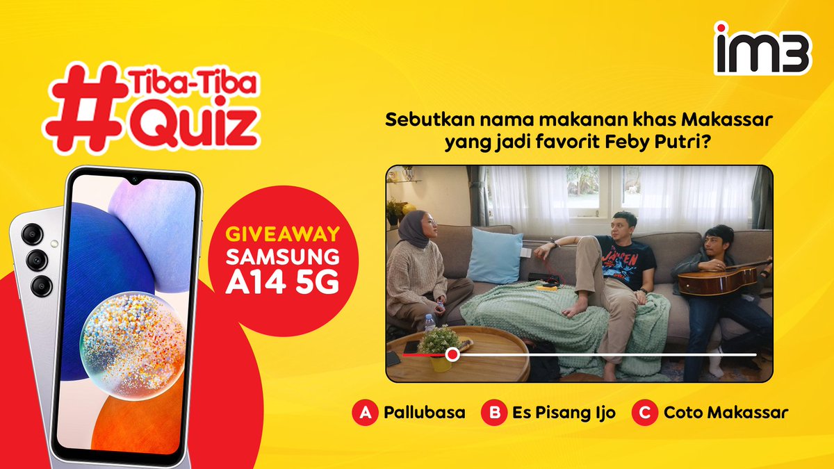 indosatim3's tweet photo. 🎁 Dapetin HP Samsung A14 5G hanya dengan jawab quiz!

Clue-nya 👉🏻 https://t.co/ctURU1VrGx 

Cara:
- RT &amp; like postingan ini
- Tag 3 temanmu
- Jawab pakai #TibaTibaQuiz &amp; #CollabonationMiniCamp

Reply yang banyak sampai 30-3-2023! Good luck 😉

S&amp;K: https://t.co/uYSsMg1pBw https://t.co/Q5L3o2p4yG