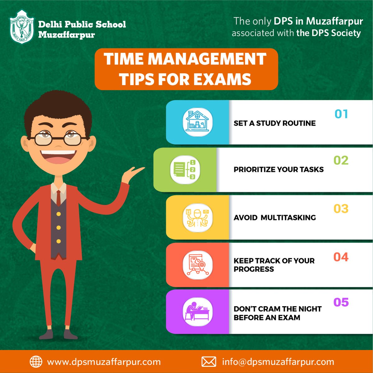 DPS_Muzaffarpur's tweet photo. Maximize your study time with these simple yet effective time management tips.
Don't let time slip away, take control of your schedule and ace those exams!
#delhipublicschoolmuzaffarpur #delhipublicschool #tipsforexam #managementtips #exam #studytime #maximizestudytime https://t.co/aazOYZQbLZ
