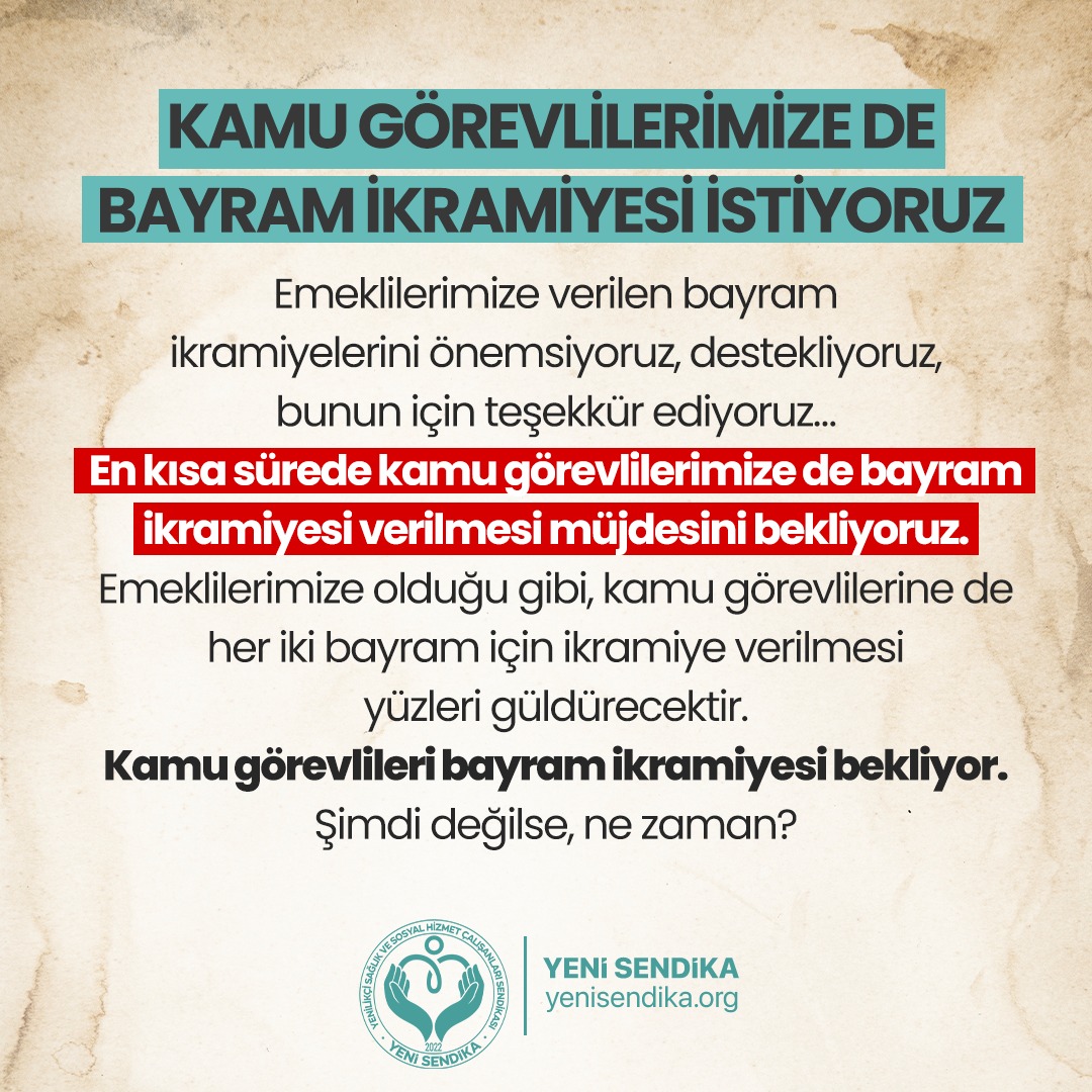 YenisendikaORG's tweet photo. KAMU GÖREVLİLERİMİZE DE BAYRAM İKRAMİYESİ İSTİYORUZ
Emeklilerimize verilen bayram ikramiyelerini önemsiyoruz, destekliyoruz, bunun için teşekkür ediyoruz…
En kısa sürede kamu görevlilerimize de bayram ikramiyesi verilmesi müjdesini bekliyoruz. https://t.co/xYJfA8wTIw