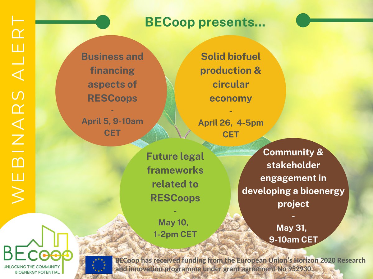 BecoopH2020's tweet photo. While we plan for our next webinars, this is also your last chance to apply & become a "BECoop follower case" to receive support to set up a bioenergy community. Apply on our website before March 31!
#energycommunities #cooperatives #bioenergy
https://t.co/UTdg4W27WS https://t.co/Ym19iCwdIp