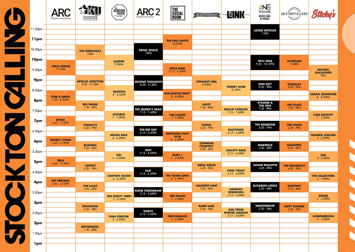 FESTIVAL SCHEDULE 🧡 Here is your #StocktonCalling schedule 👏 start planning your day and enjoy yourselves, as always check our website for the most up-to-date information. There's still time to join us on Easter Saturday 👇 🎟️ stocktoncalling.co.uk