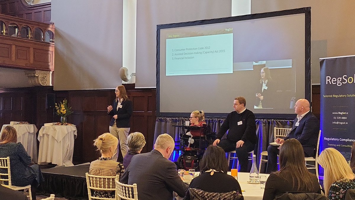 regsolireland's tweet photo. Our CEO @AMW_Compliance giving an insight into the regulatory context of #VulnerableCustomers and #AssistedDecisionMaking and #FinancialInclusion 

What can make financial services for accessible for people? 

#WhoCares2023 #Accessibilty https://t.co/Lfvn89EG4H