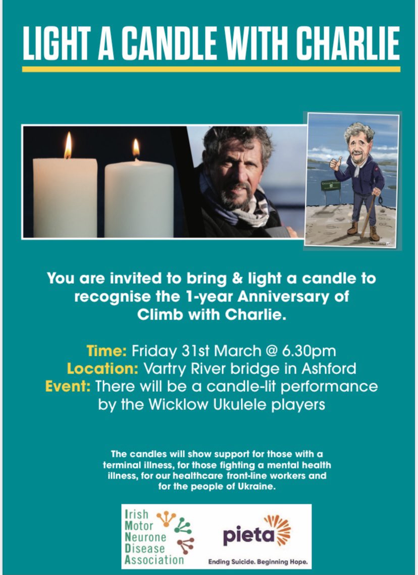 Hi everyone ,

We would love to invite you to “Light a Candle with Charlie” on the bridge in Ashford on Friday March 31st . 

Bring along candles , fairy lights anything bright you can think of ✨✨✨✨✨✨✨✨✨✨✨✨             
#charliebird #wicklow #lightacandlewithCharlie