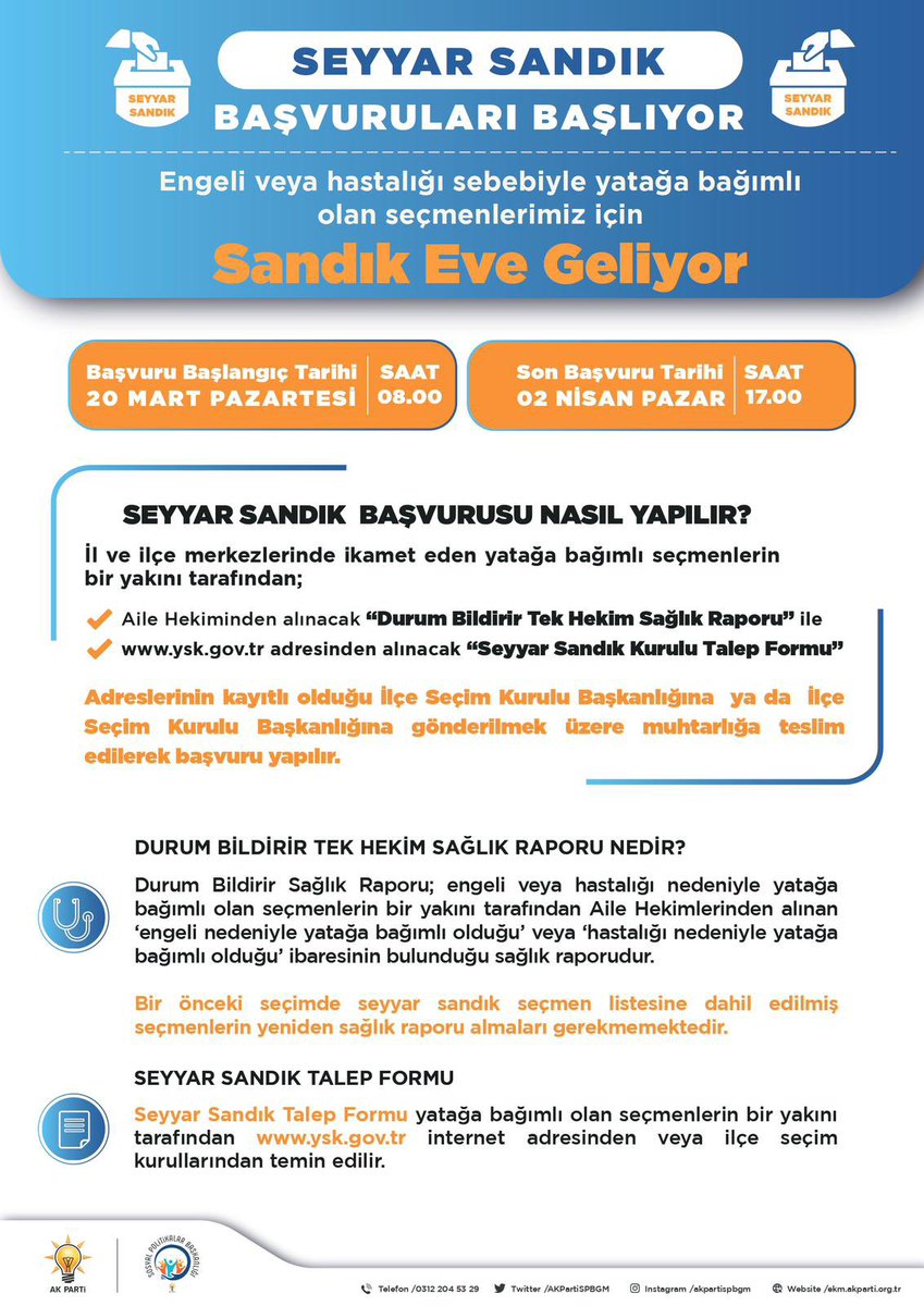 SaRamazanoglu's tweet image. #Engeli veya #hastalığı sebebiyle yatağa bağımlı olan seçmenler için #sandık eve geliyor.  

Son başvuru tarihi: 2 Nisan 2023 Pazar