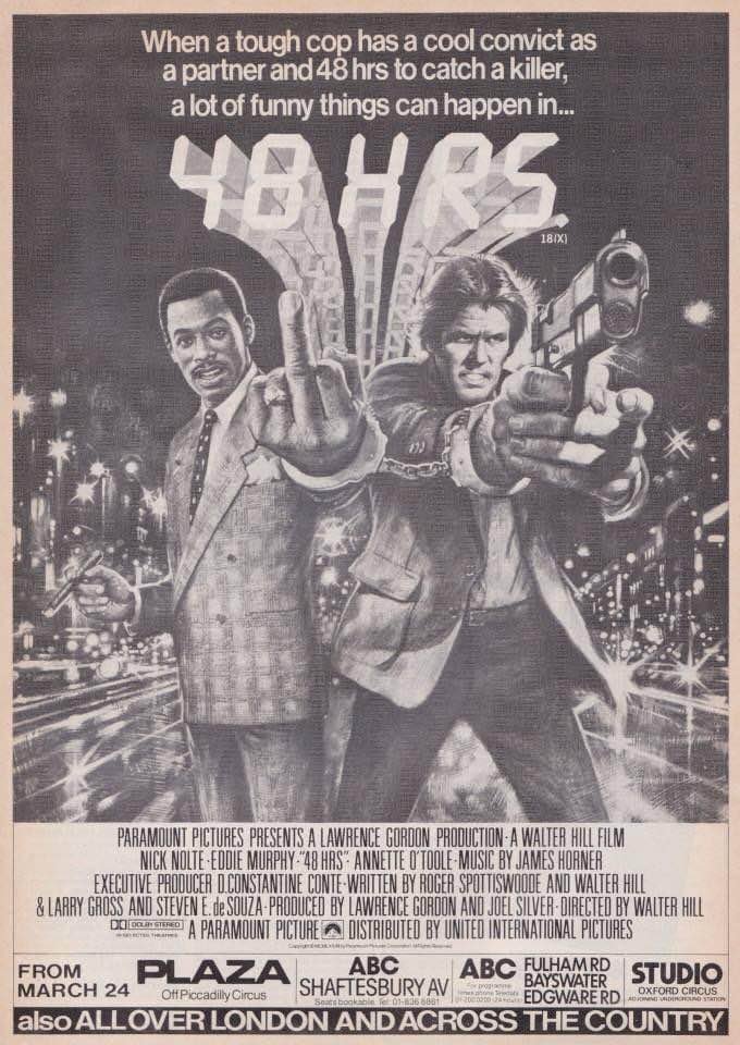 Forty years ago today, 48 Hrs opened in UK cinemas... #48hrs #EddieMurphy #NickNolte #1980s #WalterHill #film #films #AnnetteOToole #JoelSilver #LawrenceGordon #LarryGross #RogerSpottiswoode #StevenEDeSouza #thriller #thrillers #crimefilm