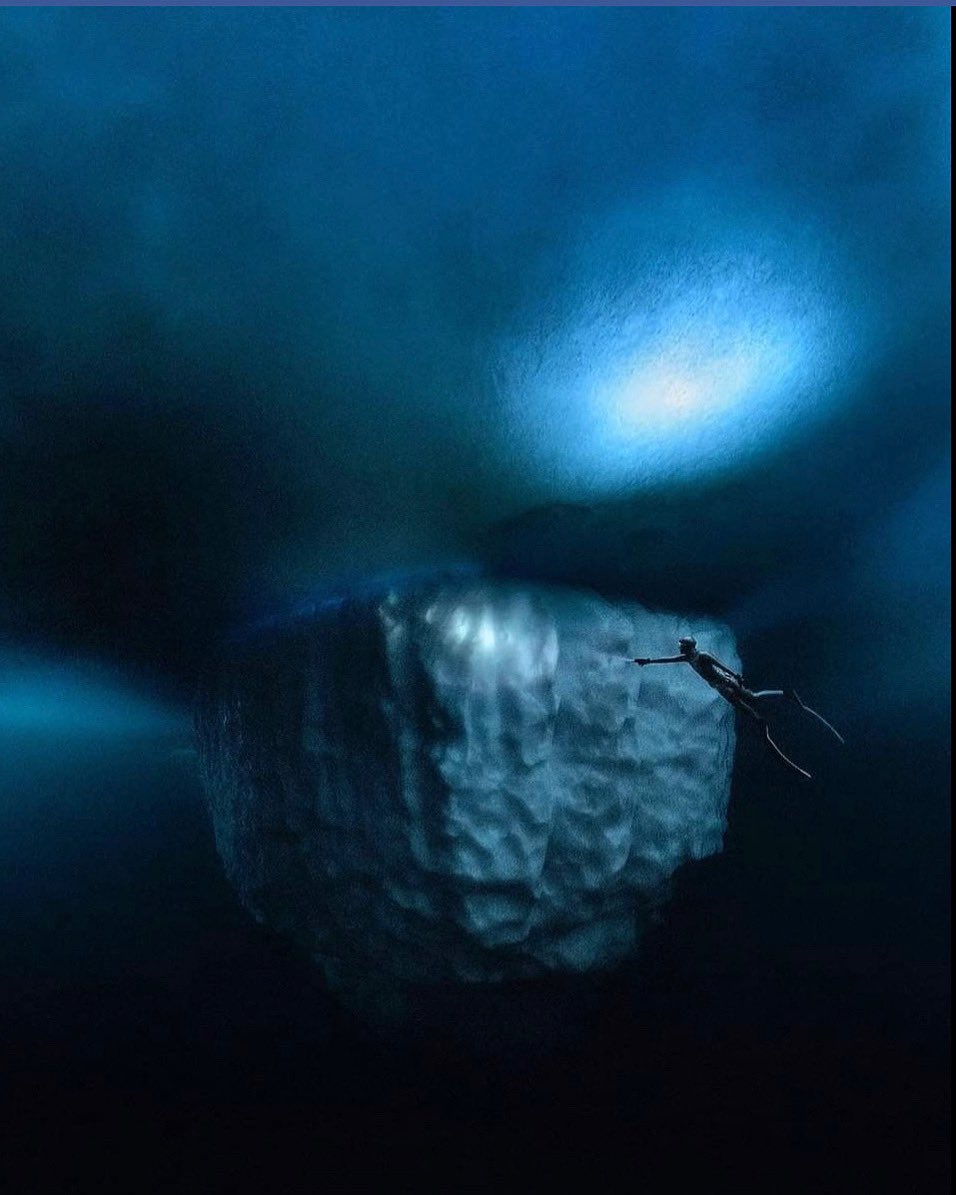 This is what lay below the extremely thick ice in the “seal entry” video I posted recently. A perfect strawberry-shaped iceberg, sitting in what felt like the black nothingness of outer space. The spot of light above me is not our entry hole - it’s just a place where we cleared