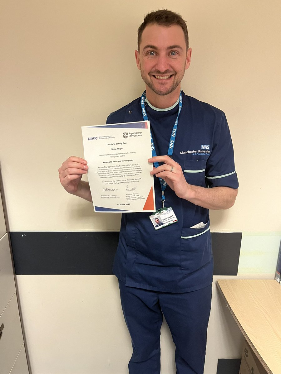 Major Trauma Centre - Manchester Royal Infirmary (@majortraumamri) on Twitter photo Well done to our ACP Chris - who has completed the Associate Principal Investigator scheme!👏🏼
Part of our Major Trauma Academic Group that runs & coordinates multiple trials to improve patient outcomes & care 🚁🚑
<a href="/NIHRresearch/">National Institute for Health and Care Research</a> @NIHRCRN_gman <a href="/ORiF_Study/">The ORiF Study</a>
#majortrauma #nursing Well done to our ACP Chris - who has completed the Associate Principal Investigator scheme!👏🏼
Part of our Major Trauma Academic Group that runs & coordinates multiple trials to improve patient outcomes & care 🚁🚑
<a href="/NIHRresearch/">National Institute for Health and Care Research</a> @NIHRCRN_gman <a href="/ORiF_Study/">The ORiF Study</a>
#majortrauma #nursing