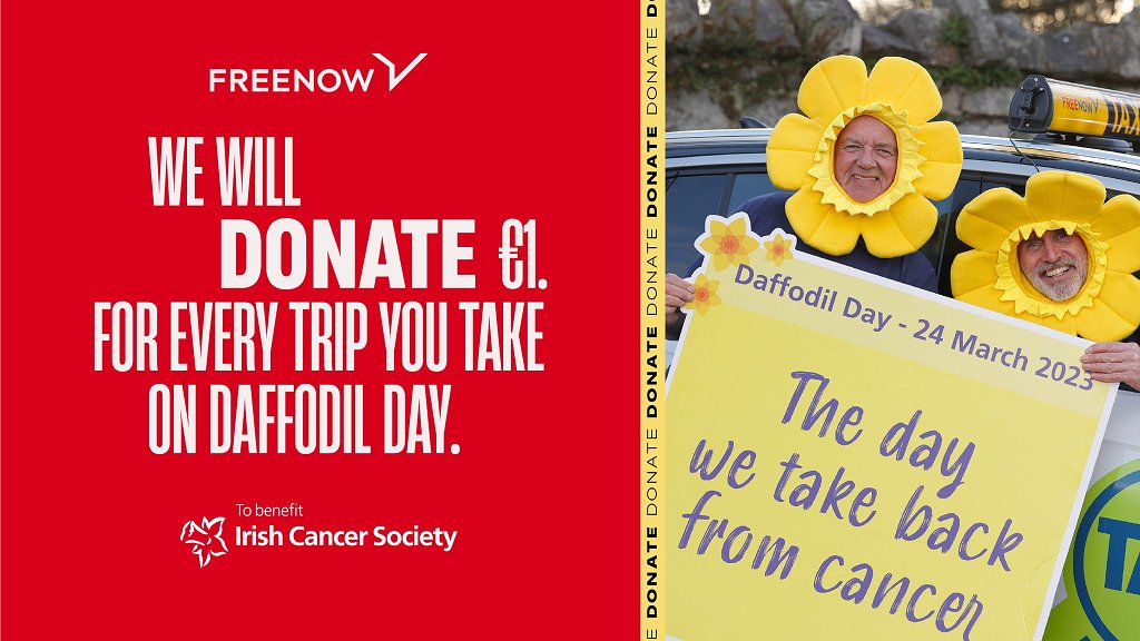 IrishCancerSoc's tweet photo. Don't forget that today @FreeNow_IE is supporting @IrishCancerSoc by donating €1 from all trips today in aid of #DaffodilDay!

They've set a huge target of raising €50,000 in donations, which will help us to support cancer patients and their families when they need us most 💛🌻 https://t.co/Qc6fWj68uC
