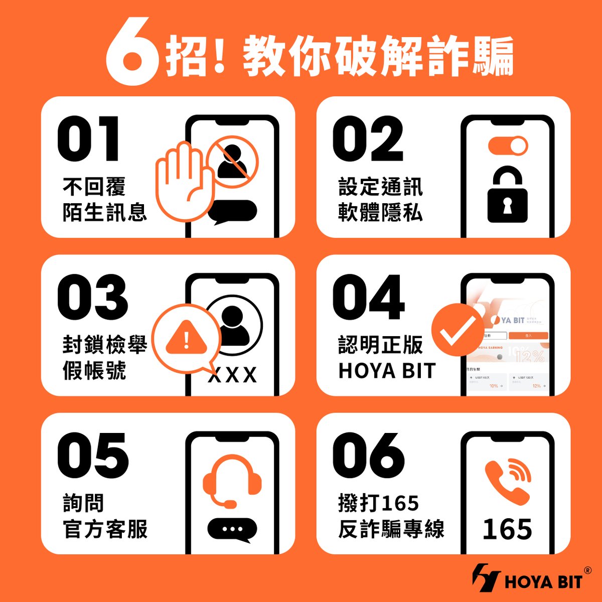 HOYA_BIT's tweet photo. How to avoid cryptocurrency scams 👊
1️⃣ Ignore/block unknown messages
2️⃣ Prioritize privacy settings
3️⃣ Report fake social media accounts
4️⃣ Identify official platforms
5️⃣ Chat with customer service
6️⃣ Contact authorities
The bottom line is to always #DYOR!
#HOYABIT https://t.co/pHPSs9BLFw