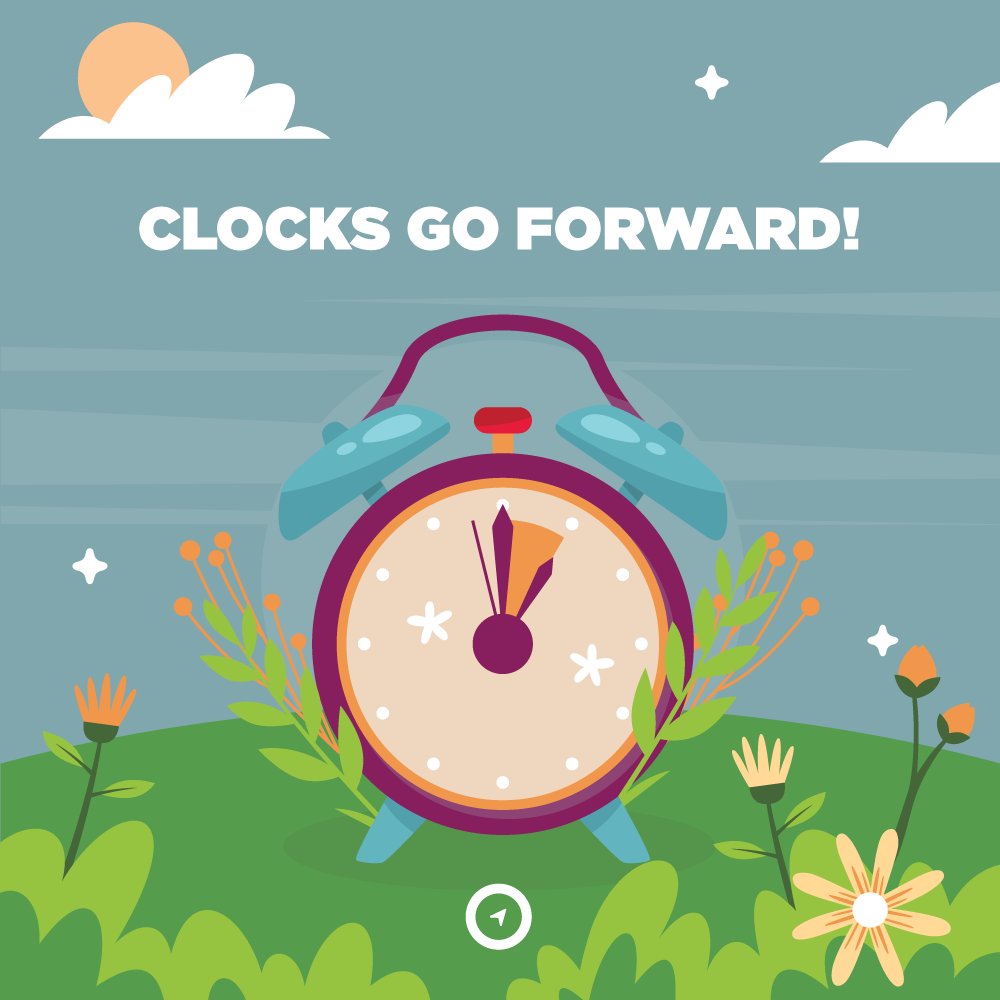A reminder to set your clocks forward one hour before you go to bed on Saturday night! British Summer Time (BST) starts at 2 am, so be sure you are well-rested and ready to enjoy your extra hour of sunlight!

#BST