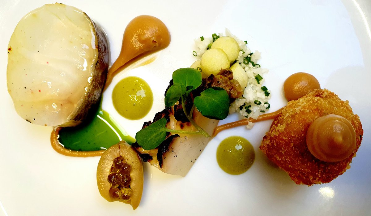 Cod| Cauliflower| Apple| Chive oil