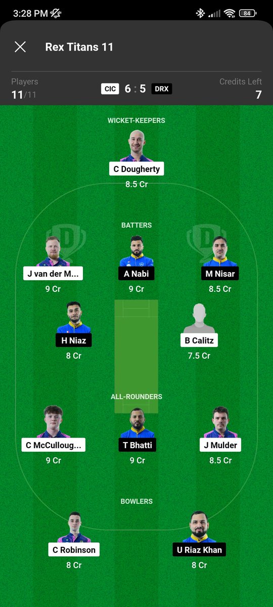 ***Play at your own Risk***
Try out this GL combinations
Can make 1-2 changes
C & vc options - H Niaz, A Nabi, T Bhatti, J van der merwe, C McCullough, J Mulder.
Play accordingly.
#Dream11 #ECL23