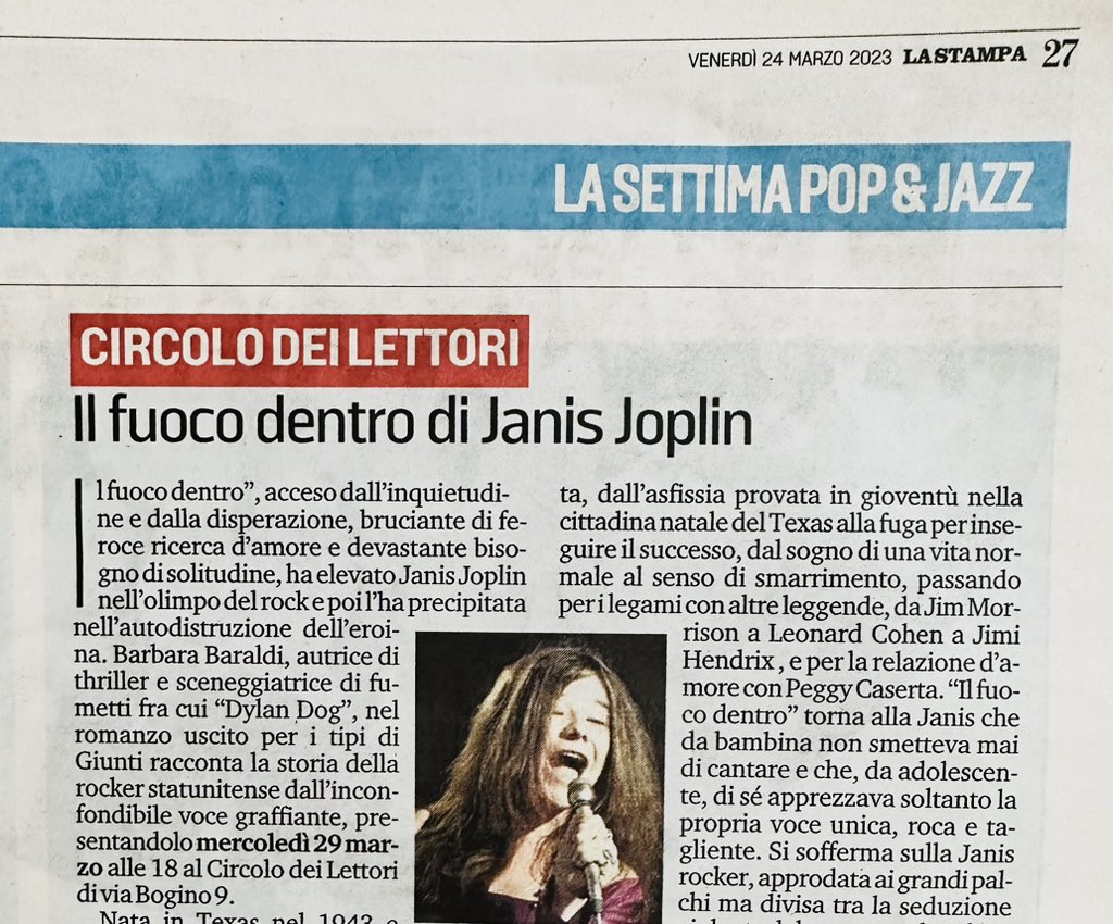 Oggi su <a href="/TorinoSette/">Torino Sette</a>:
• l’intervista di <a href="/FabrizioVespa/">Fabinside</a> a Azzurra Rinaldi, al Circolo il 30/3 con “Le signore non parlano di soldi” (<a href="/FabbriEditori/">Fabbri Editori</a>)
• la presentazione del libro “Il fuoco dentro” (<a href="/GiuntiEditore/">Giunti Editore</a>) di <a href="/barbarabaraldi/">Barbara Baraldi</a> al Circolo il 29/3.