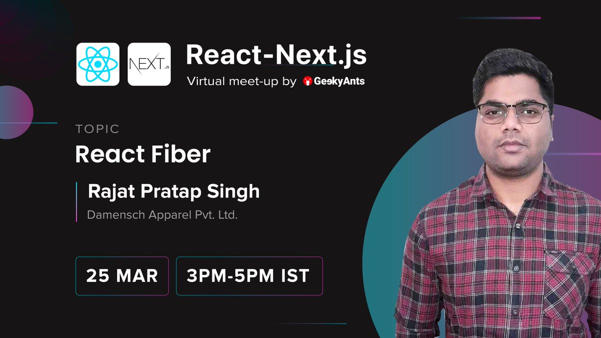 geekyants's tweet photo. Our 3rd speaker is @i_just_code, Senior Software Engineer, @DaMENSCH_in. In his talk, he will conduct an in-depth analysis of #ReactFiber.
Excited about the talk? Join us here - https://t.co/WHrvQ2853T
Drop a β in the comments if you're joining us tomorrow!
#reactnextjsmeetup https://t.co/LNL7d5TzhK