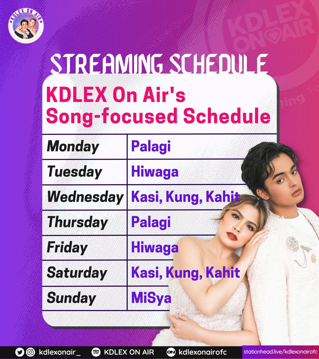 kdlexonair_'s tweet photo. Sharing with you is our "Song Focus" Schedule w/c the team has been utilizing for over a year of streaming #KDLex' songs. 

Also, please utilize our playlists, they were carefully curated to make sure that no song gets left behind.

Thank you! 🤍

📻https://t.co/hjmuQ1SXoU https://t.co/lnsQGBhH6n