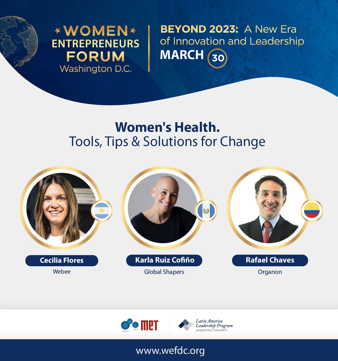Join us at #WEFDC and meet <a href="/ancef/">Cecilia Flores</a> <a href="/KruizGuate/">Karla Ruiz Cofiño</a> and Rafael Chaves  in a panel about "Women's Health. Tools, Tips and  Solutions for Change" on March 30th at <a href="/Georgetown/">Georgetown University</a>. 
➡️Book your seat at wefdc.eventbrite.com. 
🌍For more info wefdc.org