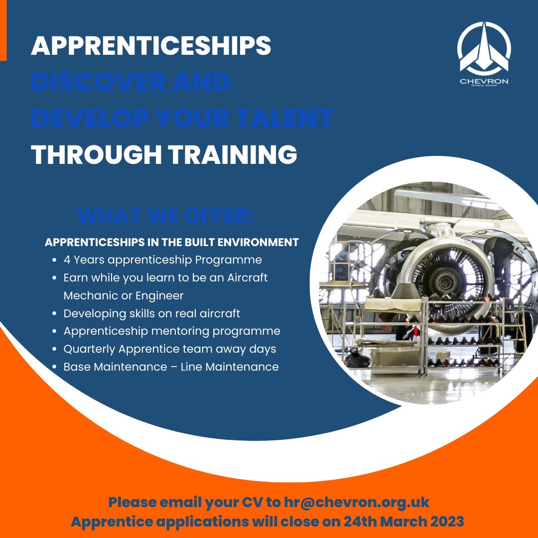 Chevron (@chevron_tech) on Twitter photo If you’re interested in an Aircraft Maintenance Apprenticeship, applications will close today 24th March 2023!
Please email your CV to hr@chevron.org.uk
#Apprenticeships #earnwhileyoulearn #aviation #aircraftmechanic #aircraftengineer #mro If you’re interested in an Aircraft Maintenance Apprenticeship, applications will close today 24th March 2023!
Please email your CV to hr@chevron.org.uk
#Apprenticeships #earnwhileyoulearn #aviation #aircraftmechanic #aircraftengineer #mro